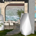 Sunset Beach Themed Restaurant With Arched Design Palm Trees Wooden Tables And Outdoor Seating