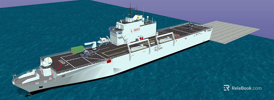 Large White Warship with Hull Number L9093 Sailing on Blue Sea with Deck Features 3d model 