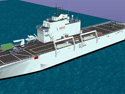 Large White Warship with Hull Number L9093 Sailing on Blue Sea with Deck Features 3d model