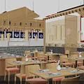 Warm Ambiance Japanese Restaurant Interior With Wooden Tables Chairs Orange Cushions Bar Counter Decorative Paintings