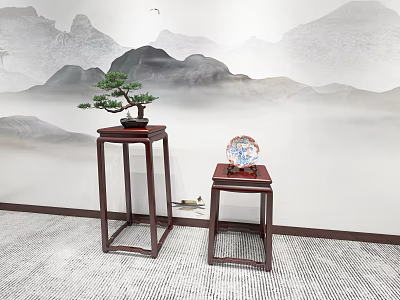 Tall And Short Chinese Wooden Plant Stands With Pine Bonsai Decorative Plate And Landscape Wall 3d model
