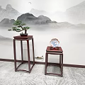 Tall And Short Chinese Wooden Plant Stands With Pine Bonsai Decorative Plate And Landscape Wall