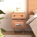 Natural Wood Two Tier Bedside Table With Lamp And Book Next To Wooden Bedroom Bed