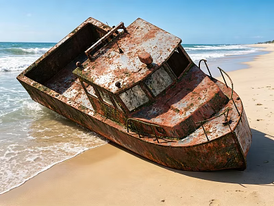 Rusty Ship Stranded on Sandy Beach with Ocean Waves and Blue Sky 3d model