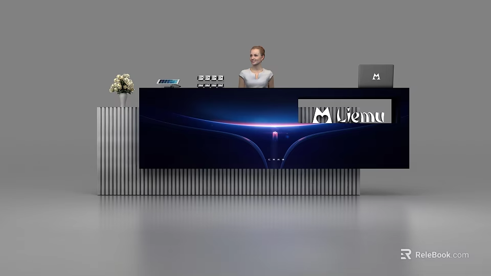 Modern Reception Desk With Illuminated Design Liema Logo Flower Arrangement And Electronic Devices 3d model 