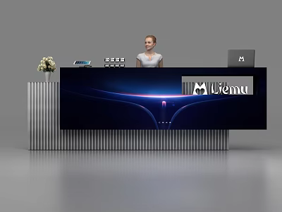 Modern Reception Desk With Illuminated Design Liema Logo Flower Arrangement And Electronic Devices 3d model