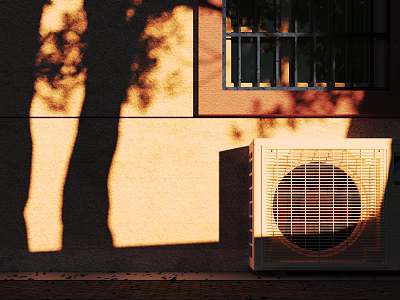 Light Colored Sunlit Exterior Wall With Long Tree Shadows And Outdoor Air Conditioner Unit 3d model