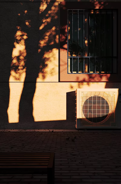 Light Colored Sunlit Exterior Wall With Long Tree Shadows And Outdoor Air Conditioner Unit 3d model