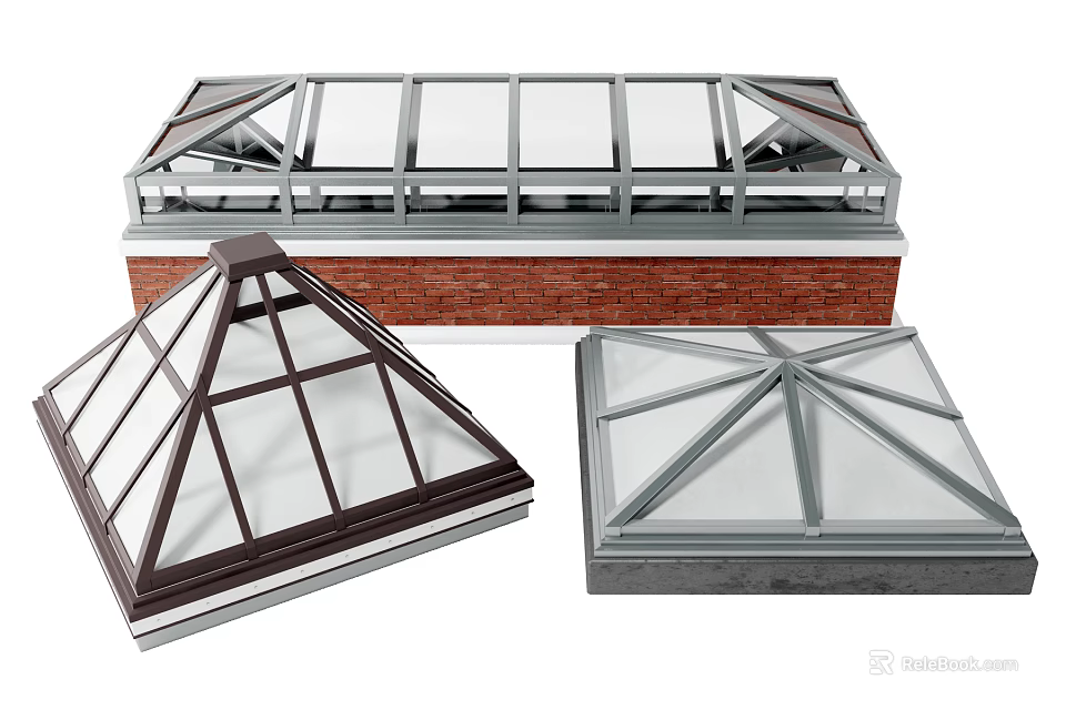 Pyramid And Rectangular Skylight Designs With Metal Frames Glass Panels Brick Base 3d model