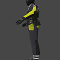 Man In Tactical Gear With Black Helmet Balaclava Red Eyes And Yellow Striped Arms