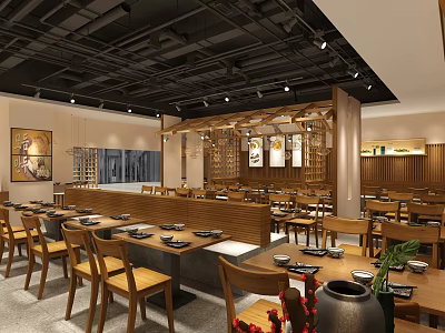 Modern Restaurant Interior With Wooden Tables Chairs Pendant Lights And Decorative Art 3d model