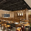 Modern Restaurant Interior With Wooden Tables Chairs Pendant Lights And Decorative Art