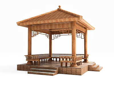 Traditional Chinese Wooden Pavilion with Curved Roof Carved Pillars Benches and Steps 3d model