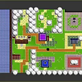 Cartoon Pixel Style Game Map With Colorful Buildings Green Grass And Blue Water Area