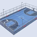 Indoor Basketball Court With Blue Floor Fencing Red Benches Hoops And Lighting
