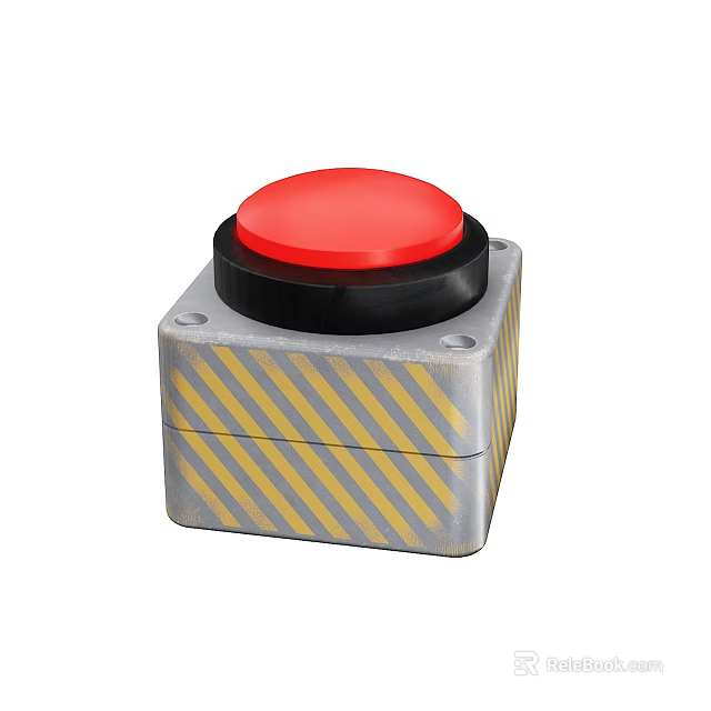 Red Industrial Emergency Button On Metal Base With Yellow Diagonal Stripes 3d model 