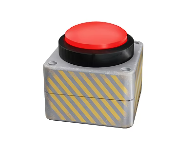 Red Industrial Emergency Button On Metal Base With Yellow Diagonal Stripes 3d model