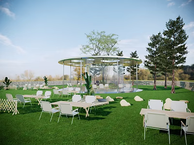 Outdoor Pavilion In Lush Green Lawn With White Tables Chairs Round Transparent Structure And Trees 3d model