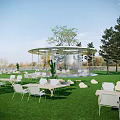 Outdoor Pavilion In Lush Green Lawn With White Tables Chairs Round Transparent Structure And Trees