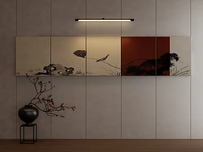 Chinese Ink Abstract Painting With Landscape Motifs Flying Bird And Red Section 3d model