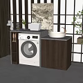 Modern Bathroom Cabinet with Washing Machine Sink Basin Wooden Countertop Lattice Background and Decorative Plant