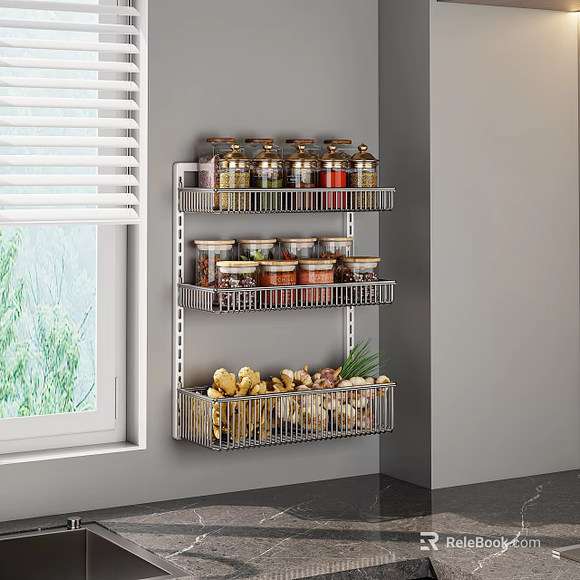 Spice Jars Arranged on Wall Mounted Rack in Modern Kitchen with Seasoning Containers 3d model 