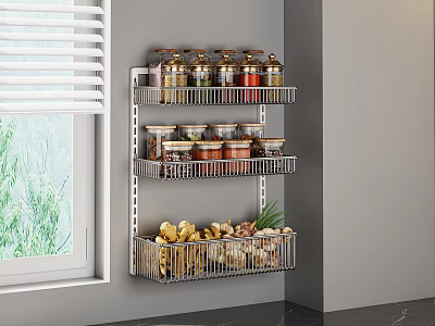 Spice Jars Arranged on Wall Mounted Rack in Modern Kitchen with Seasoning Containers 3d model