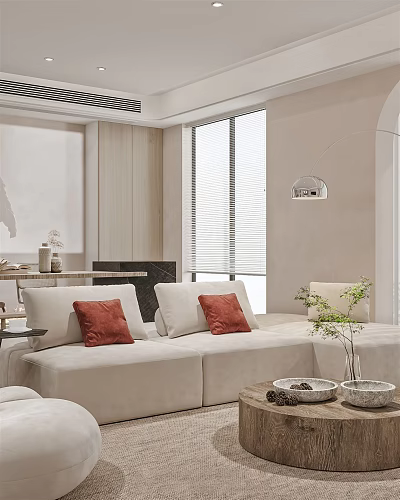 Cozy Modern Living Dining Room Interior With Red Cushioned Sofa Window Blinds And Decorative Plant 3d model