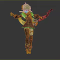 Green Haired Archer Character With Small Animal Pendant And Bow In Dark Golden Trimmed Outfit