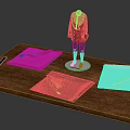 Mannequin In Red Coat And Green Pants With Fabric Pieces And Ruler On Wooden Table