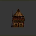 Traditional Wooden House With Thatched Roof Chimney Balcony Lit Windows And Arched Porch