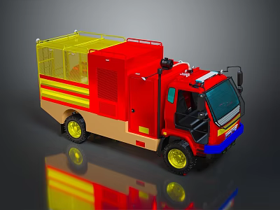 Red Fire Truck With Yellow Stripes Top Cage And Blue Front Details 3d model