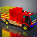 Red Fire Truck With Yellow Stripes Top Cage And Blue Front Details