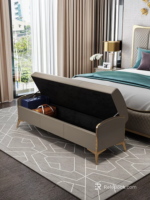 Elegant Beige Storage Footstool With Gold Trim Open Lid In Modern Bedroom 3d model 