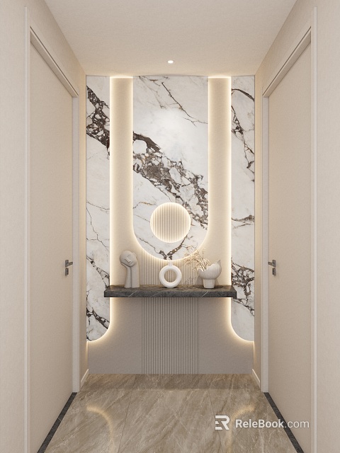 Modern Entryway Hallway Design With Marble Wall Round Mirror And Decorative Lighting Elements 3d model 