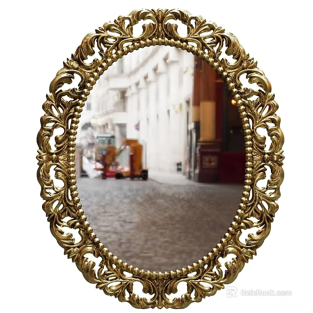 Ornate Golden Oval Frame Mirror Reflecting Cobblestone Street With Buildings And Vehicles 3d model 