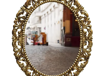 Ornate Golden Oval Frame Mirror Reflecting Cobblestone Street With Buildings And Vehicles 3d model