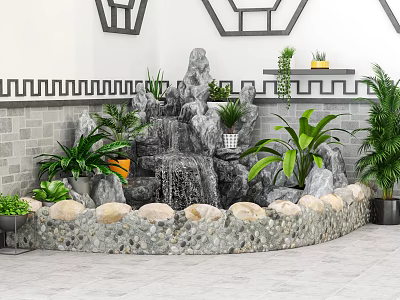 Elegant Garden Feature With Small Rockery Waterfall And Various Green Plants Around Stone Border 3d model