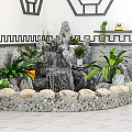 Elegant Garden Feature With Small Rockery Waterfall And Various Green Plants Around Stone Border