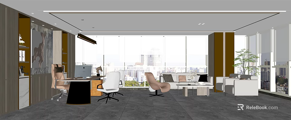 Modern Office Space With Large Windows City View Desks Chairs And Sofas 3d model 