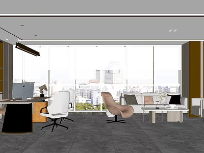 Modern Office Space With Large Windows City View Desks Chairs And Sofas 3d model