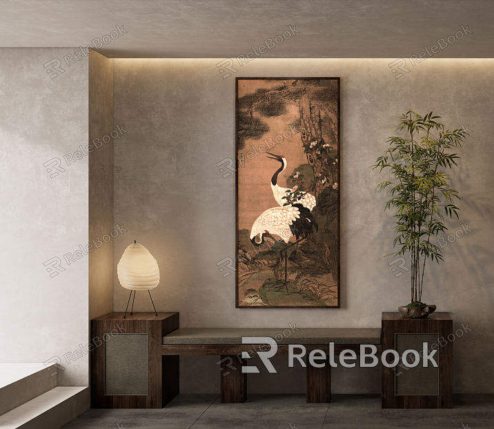 Chinese Animal Painting Art Hanging Painting Chinese Painting Pine Crane Figure Table Lamp Green Plant Potted Plant model