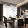 Modern Restaurant Interior Design With Dining Table Chairs Pendant Lights Dark Cabinets And Marble Countertop