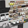 Modern Kitchen Interior With Black Range Hood Coffee Machine Appliances And Organized Shelves