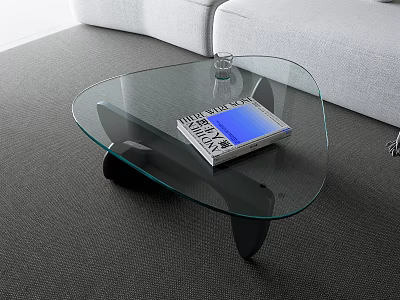 Modern Glass Coffee Table On Gray Carpet With Book And Glass Near Sofa 3d model