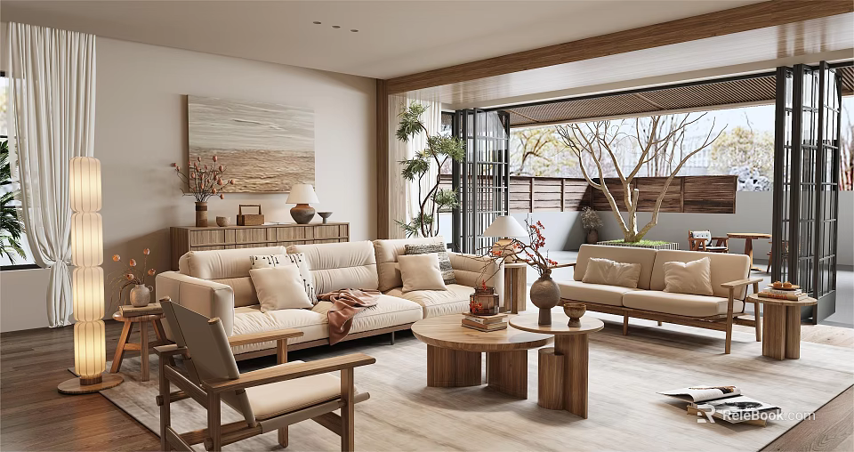 Hotel Public Lounge Area With Beige Sofas Wooden Coffee Tables Decorative Painting And Green Plants 3d model 