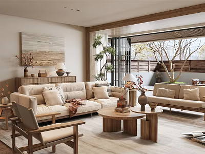Hotel Public Lounge Area With Beige Sofas Wooden Coffee Tables Decorative Painting And Green Plants 3d model