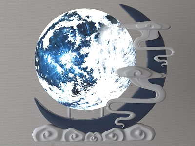 Spherical Blue And White Table Lamp With Moon Shaped Base And Cloud Pattern Decor 3d model