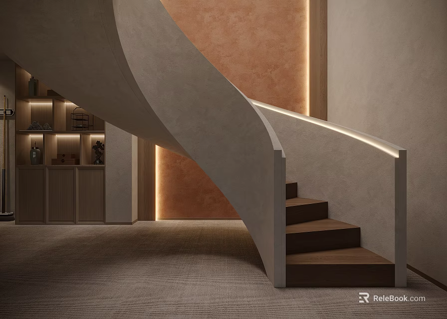 Curved Staircase With Wooden Steps Built In Shelves And LED Lighting In Modern Interior 3d model 