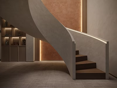 Curved Staircase With Wooden Steps Built In Shelves And LED Lighting In Modern Interior 3d model